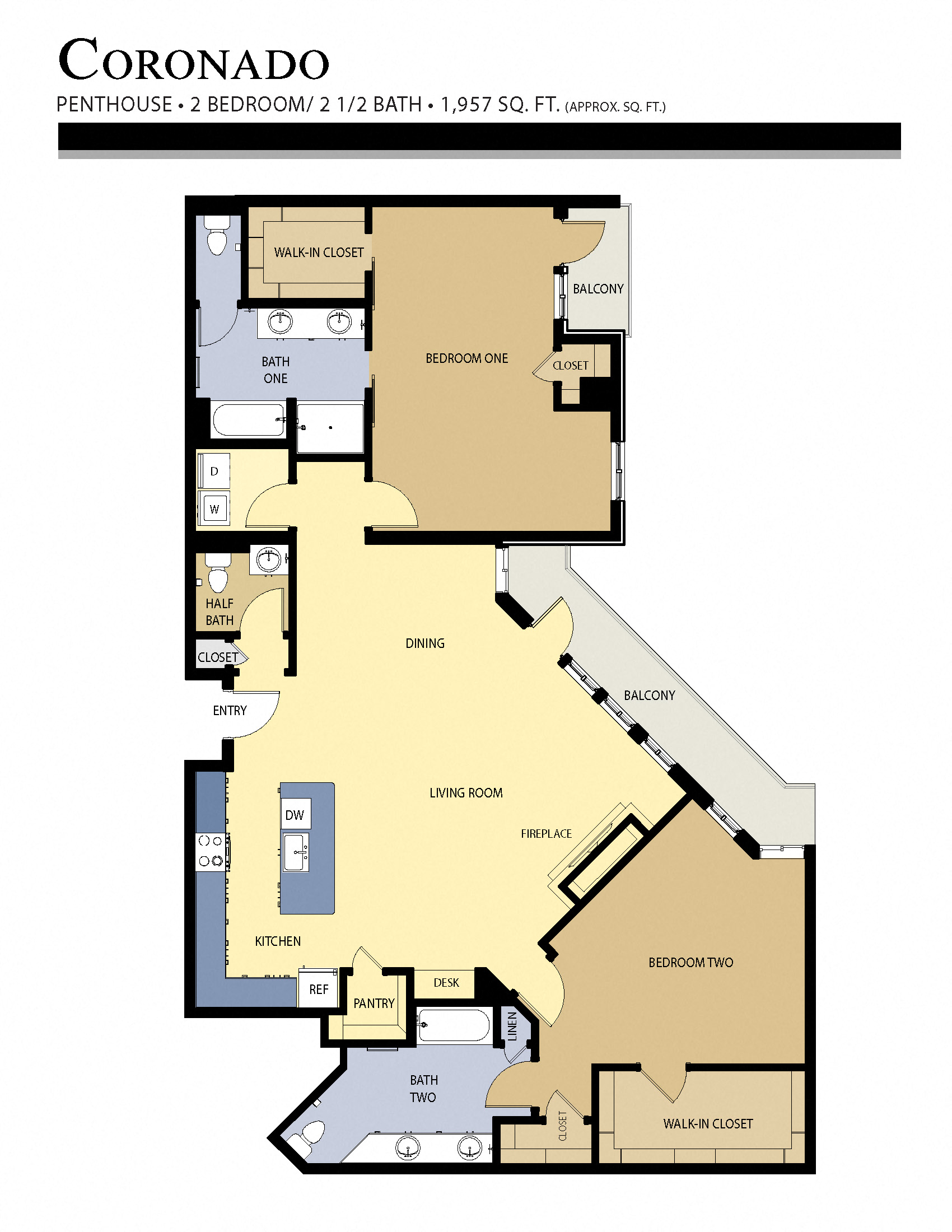 Floor plan for 2 beds, 2.5 baths, 1957 sqft